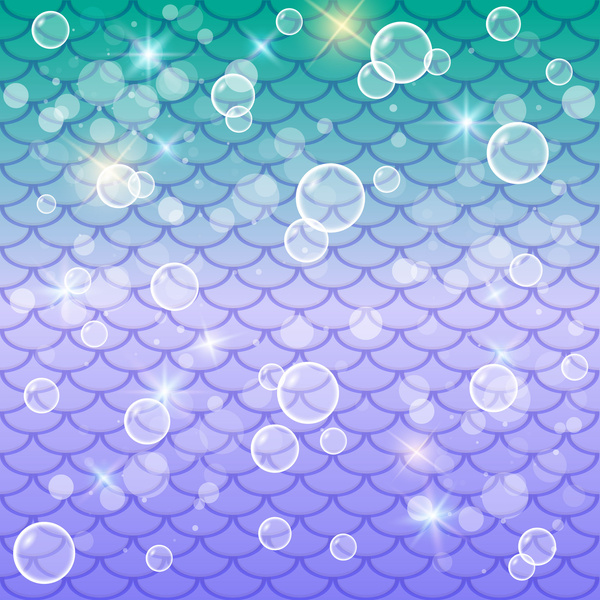 Mermaid scales background with stars and bubbles. Mermaid's tail on a gradient. Marine underwater pattern. 
